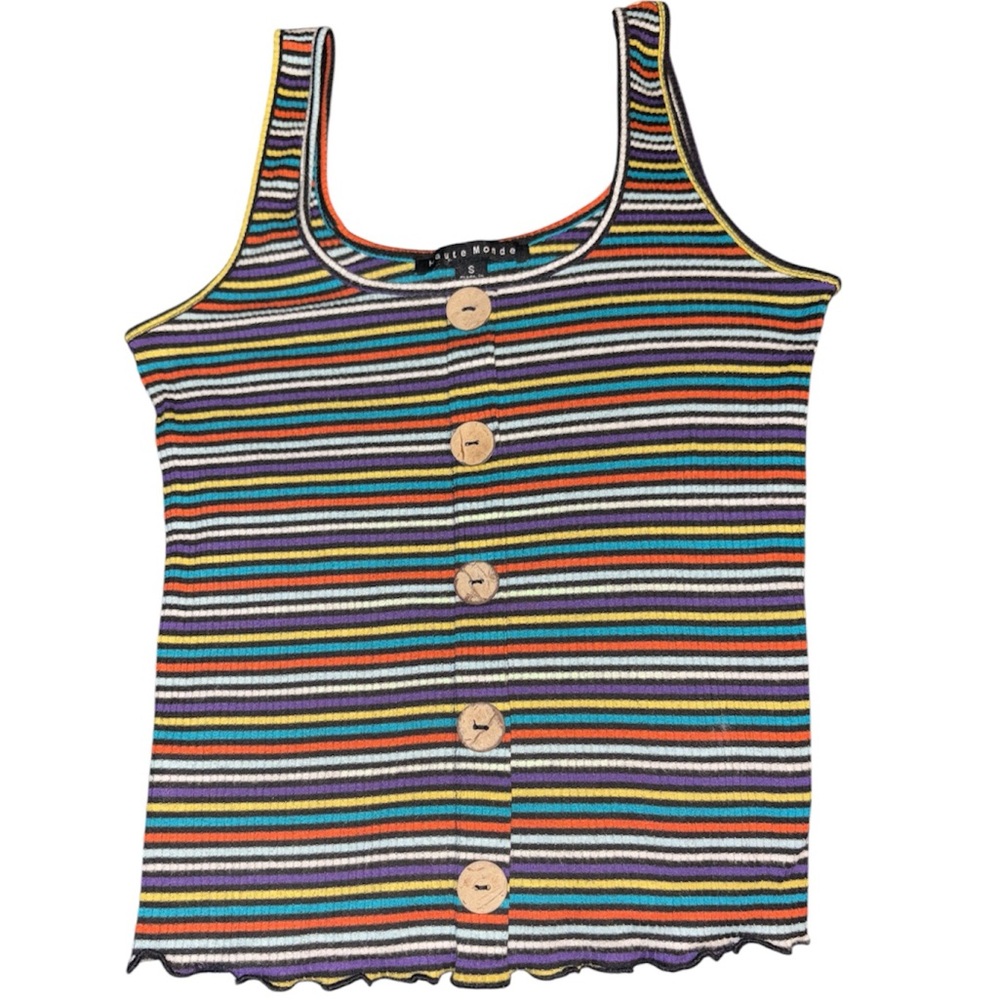 Haute Monde Ribbed Semi-Crop Multicolor Striped Tank W/Stationary Buttons NEW!